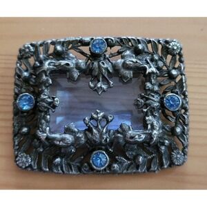 Antique Art Deco Czech Blue Glass Silver Tone Flowers Brooch Pin Rectangle